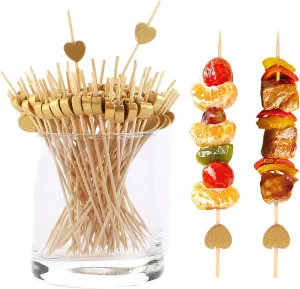 200 Pcs Gold Heart Toothpicks 4.7 Inch Heart Skewers for Appetizers Fancy Bamboo Cocktail Picks for Frozen Appetizers Fruit Charcuterie Drink Sticks Wedding Party Heart Shaped Decor