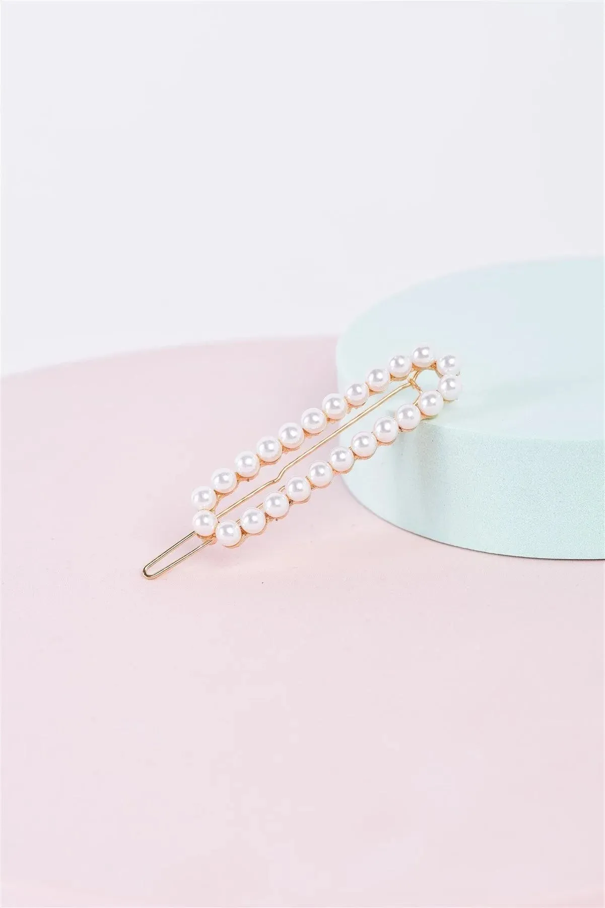 3pcs Gold & Pearl Long Oval Barrette Hair Clips