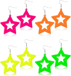 4 Pairs 80s Neon Earrings for Women Star Circular Oval Jewelry Retro Neon Dangle Earring for 80S Costume Dancing Party Accessory