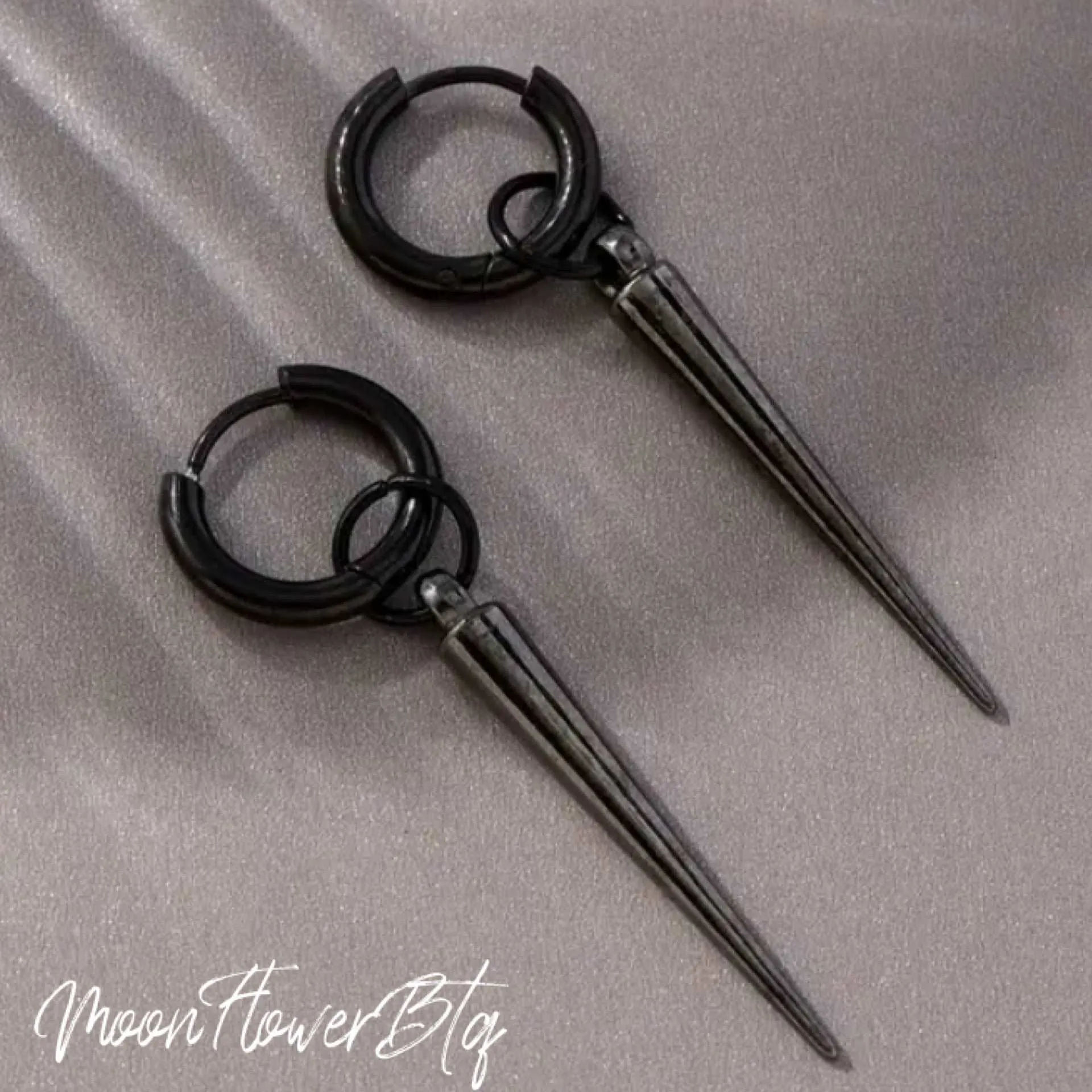Black Spiked Dangly Huggie Hoop Earrings