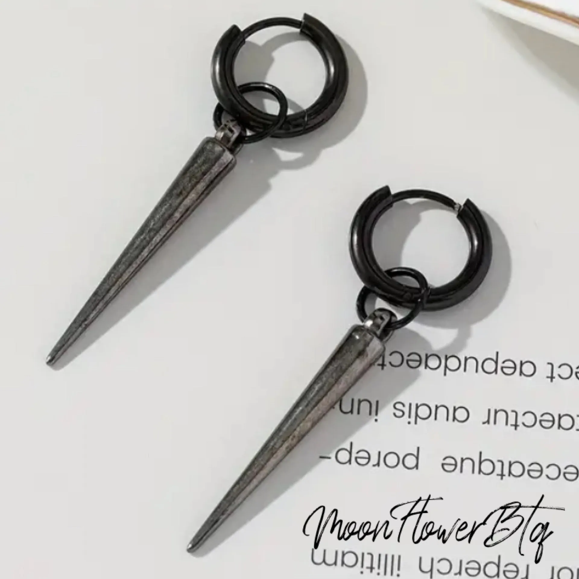 Black Spiked Dangly Huggie Hoop Earrings