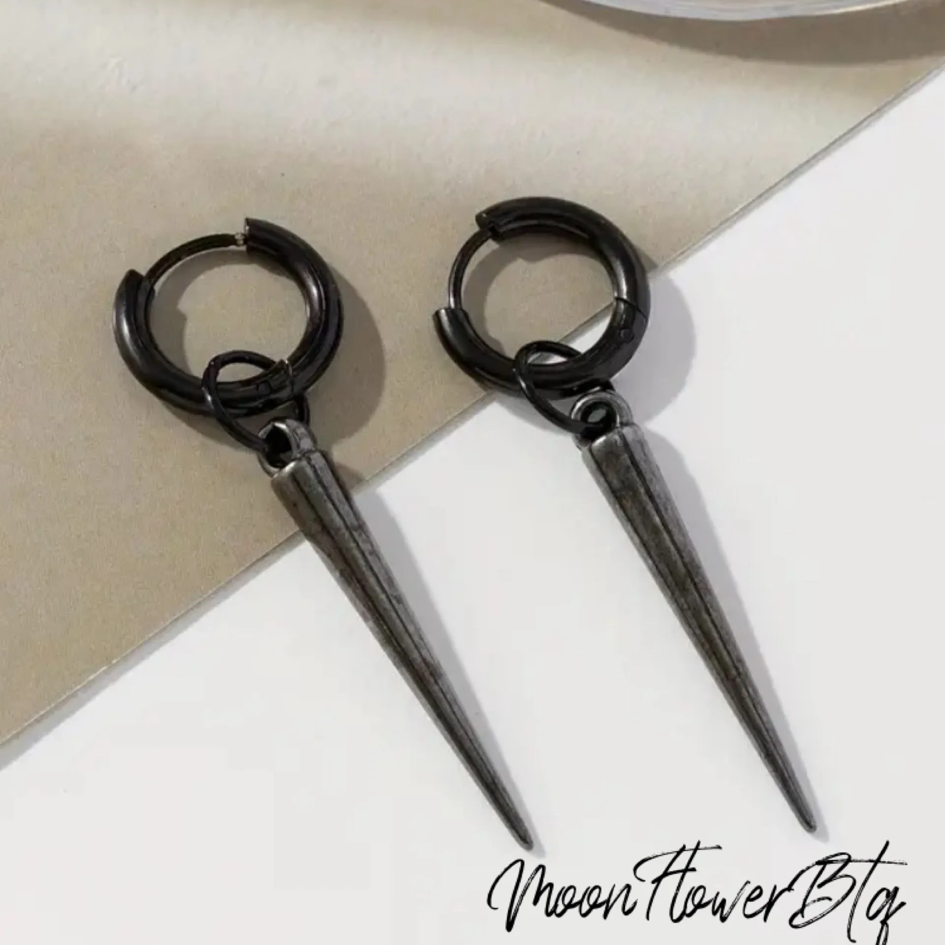 Black Spiked Dangly Huggie Hoop Earrings