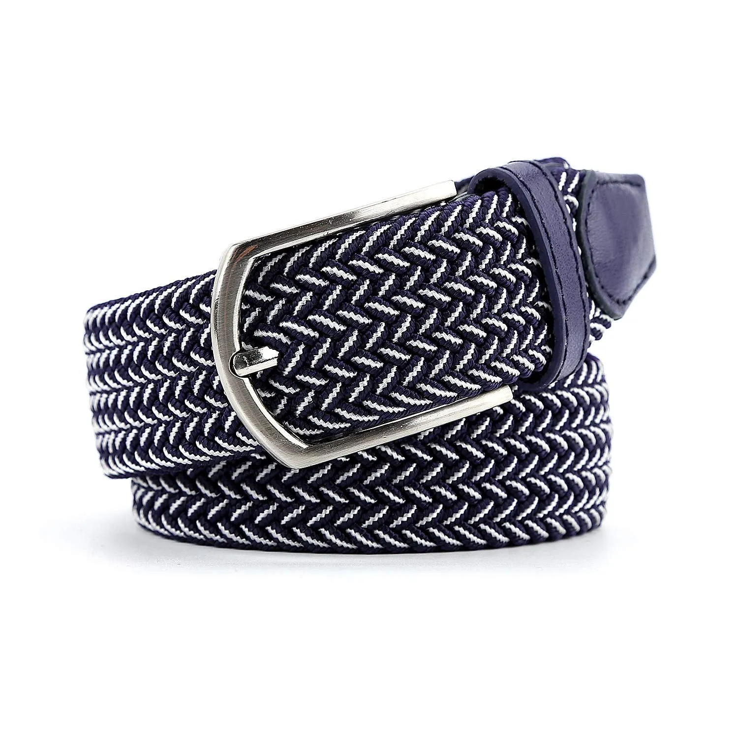 Braided Canvas Woven Elastic Stretch Belts for Men/Women/Junior with Multicolored (Blue-White, Medium/32-34" Waist)