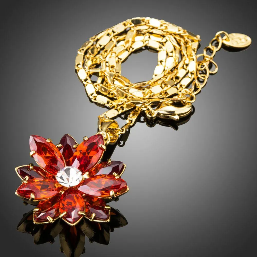 Dark Red Flower Cubic Zirconia Chain Necklace KPN0232