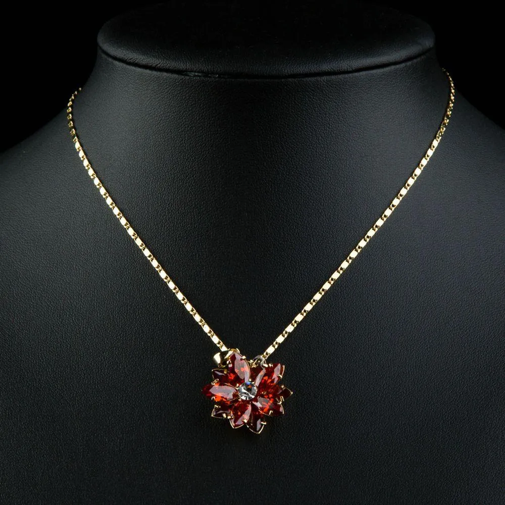 Dark Red Flower Cubic Zirconia Chain Necklace KPN0232