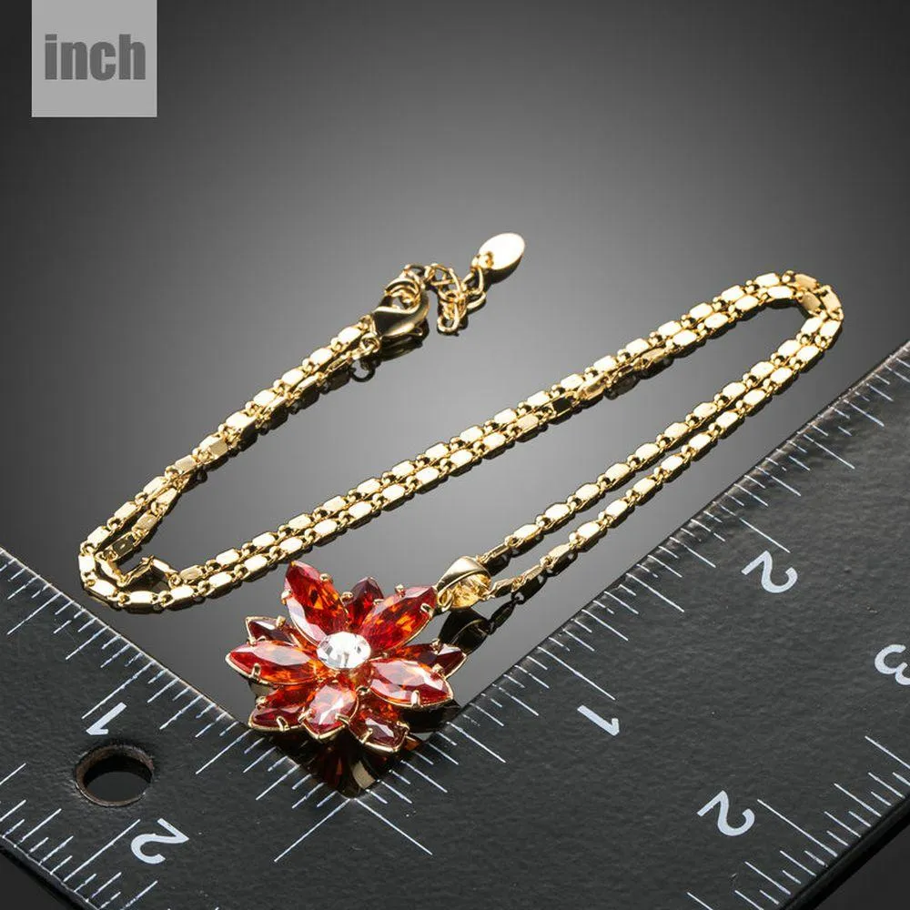 Dark Red Flower Cubic Zirconia Chain Necklace KPN0232
