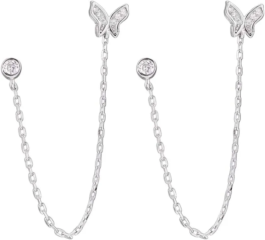 Double Holes Butterfly Halo CZ Small Stud Cuff Wrap Tassel Chain Crawler Climer Dangle Drop Earrings for Women Cartilage S925 Sterling Silver Piercing Animal Jewelry Gifts Daughter Sister