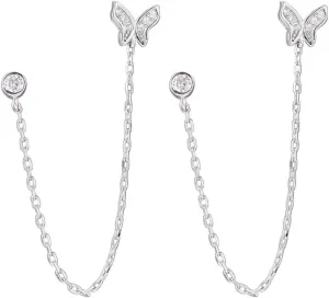 Double Holes Butterfly Halo CZ Small Stud Cuff Wrap Tassel Chain Crawler Climer Dangle Drop Earrings for Women Cartilage S925 Sterling Silver Piercing Animal Jewelry Gifts Daughter Sister