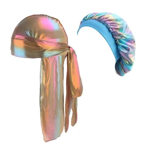 Durags and Bonnets 2pcs/Set for Men Women 360 Wave, Long Tail Silky Doo rag and Turban Sleep Cap