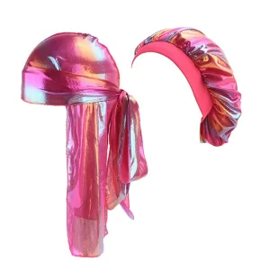 Durags and Bonnets 2pcs/Set for Men Women 360 Wave, Long Tail Silky Doo rag and Turban Sleep Cap