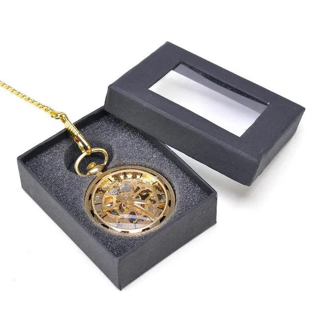 Gold Silver Bronze Black Fashion Men Vintage Hand Wind Pocket Watch Antique Cool Mechanical Pocket Watch With Necklace Chain
