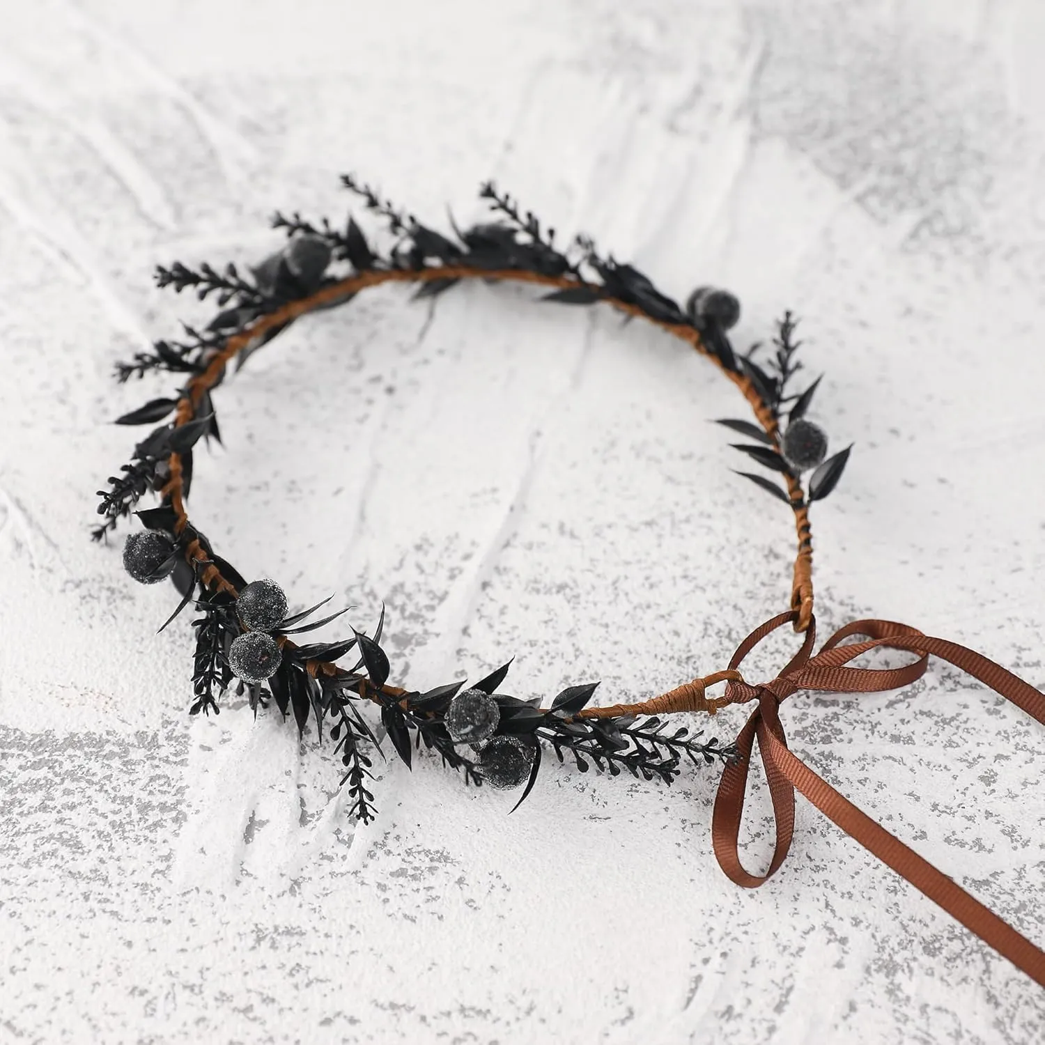 Handmade Black Flower Crown - Adjustable Black Floral Headband Renaissance Hair Accessories Elf Headpiece Boho Garland for Women Girls Renaissance Festival Photography Props