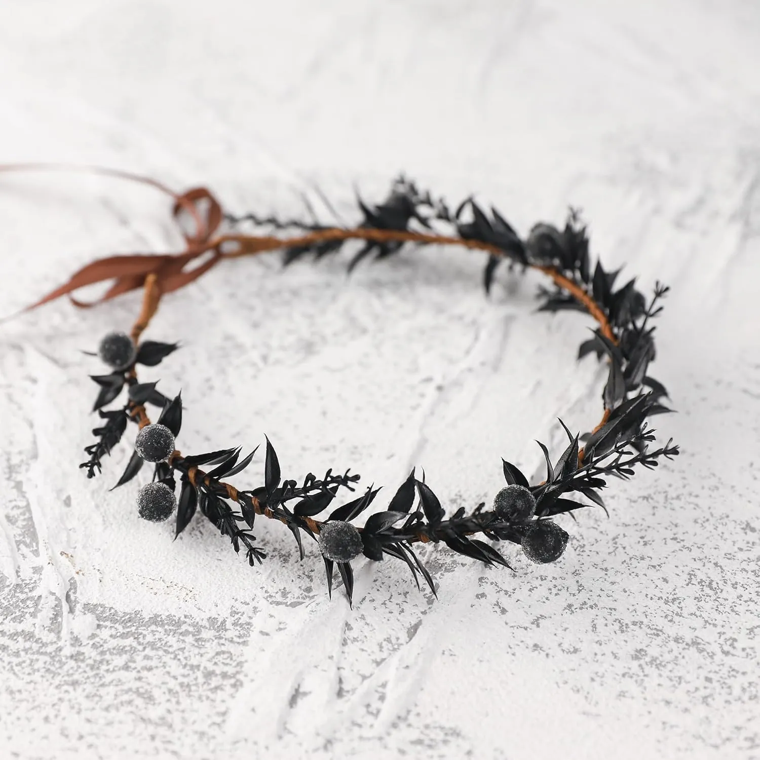 Handmade Black Flower Crown - Adjustable Black Floral Headband Renaissance Hair Accessories Elf Headpiece Boho Garland for Women Girls Renaissance Festival Photography Props