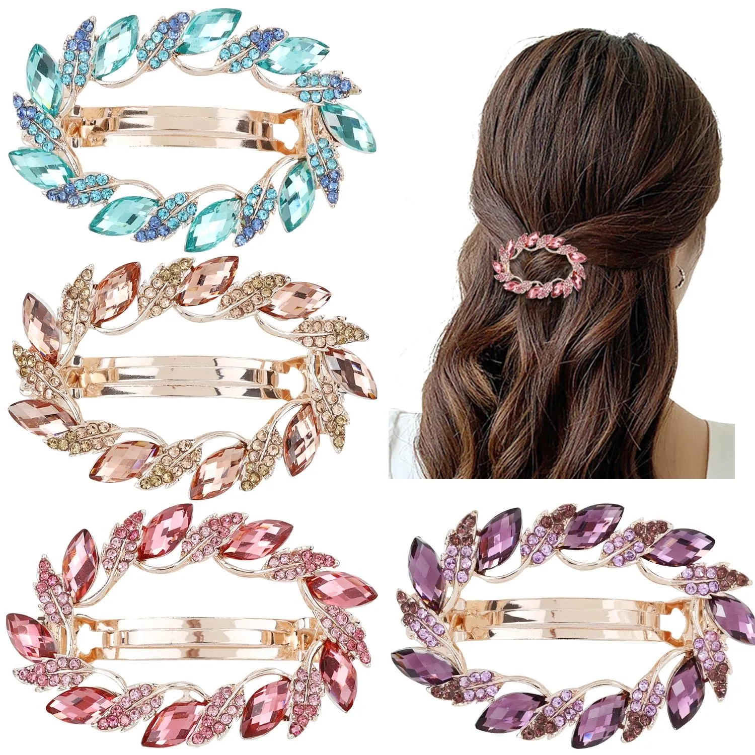 inSowni 4 Pack Gold Glitter Sparkly Jeweled Gems Korean Decorative Rhinestones Crystals Leaf Metal French Barrettes Alligator Snap Hair Clips Pins Accessories for Women Girls