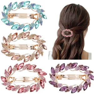 inSowni 4 Pack Gold Glitter Sparkly Jeweled Gems Korean Decorative Rhinestones Crystals Leaf Metal French Barrettes Alligator Snap Hair Clips Pins Accessories for Women Girls