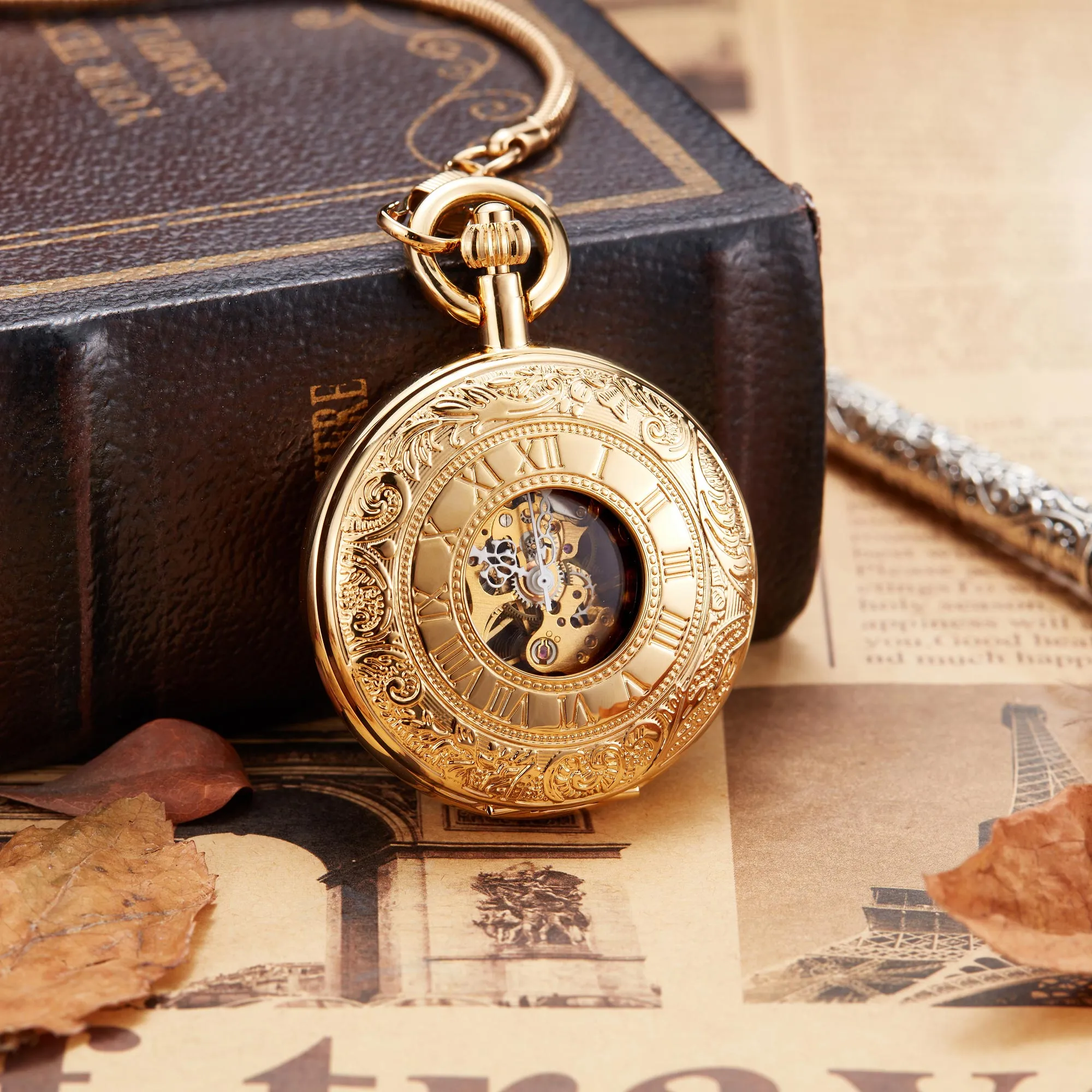 Luxury Vintage Copper Gold Square Hand Wind Mechanical Pocket FOB Watch