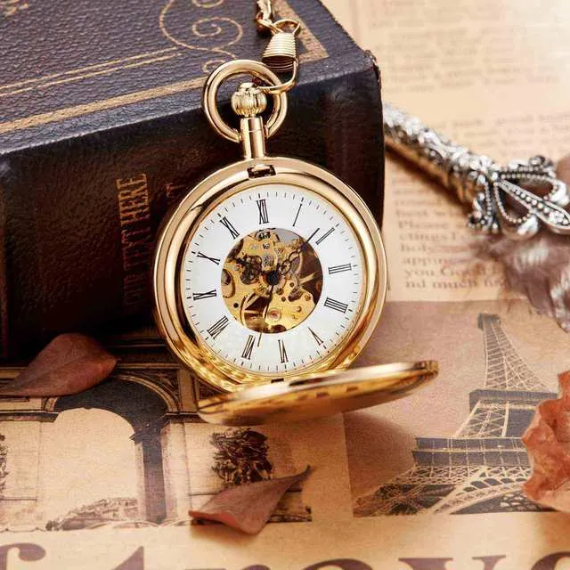 Luxury Vintage Copper Gold Square Hand Wind Mechanical Pocket FOB Watch