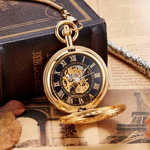 Luxury Vintage Copper Gold Square Hand Wind Mechanical Pocket FOB Watch
