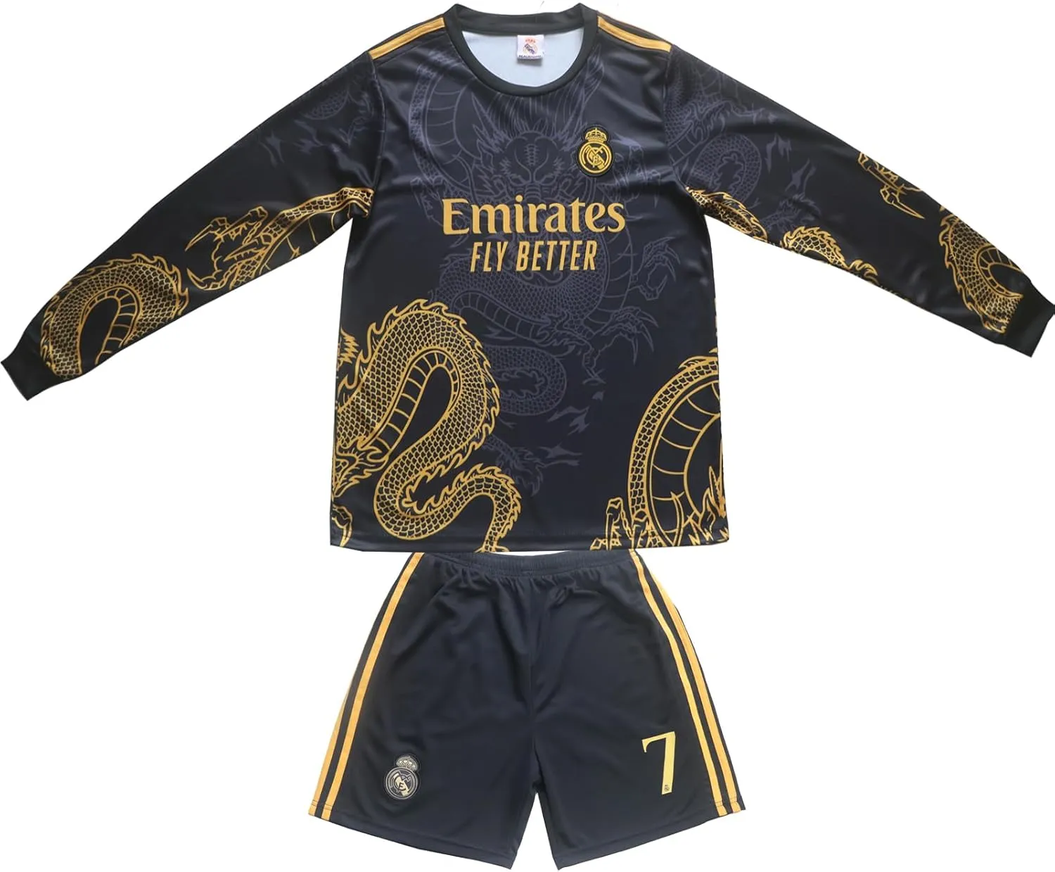 Madrid #7 Special Gold Black Dragon Edition Long Sleeve Football Soccer Kids Jersey Shorts Set Youth Sizes