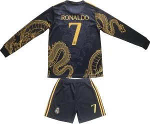 Madrid #7 Special Gold Black Dragon Edition Long Sleeve Football Soccer Kids Jersey Shorts Set Youth Sizes