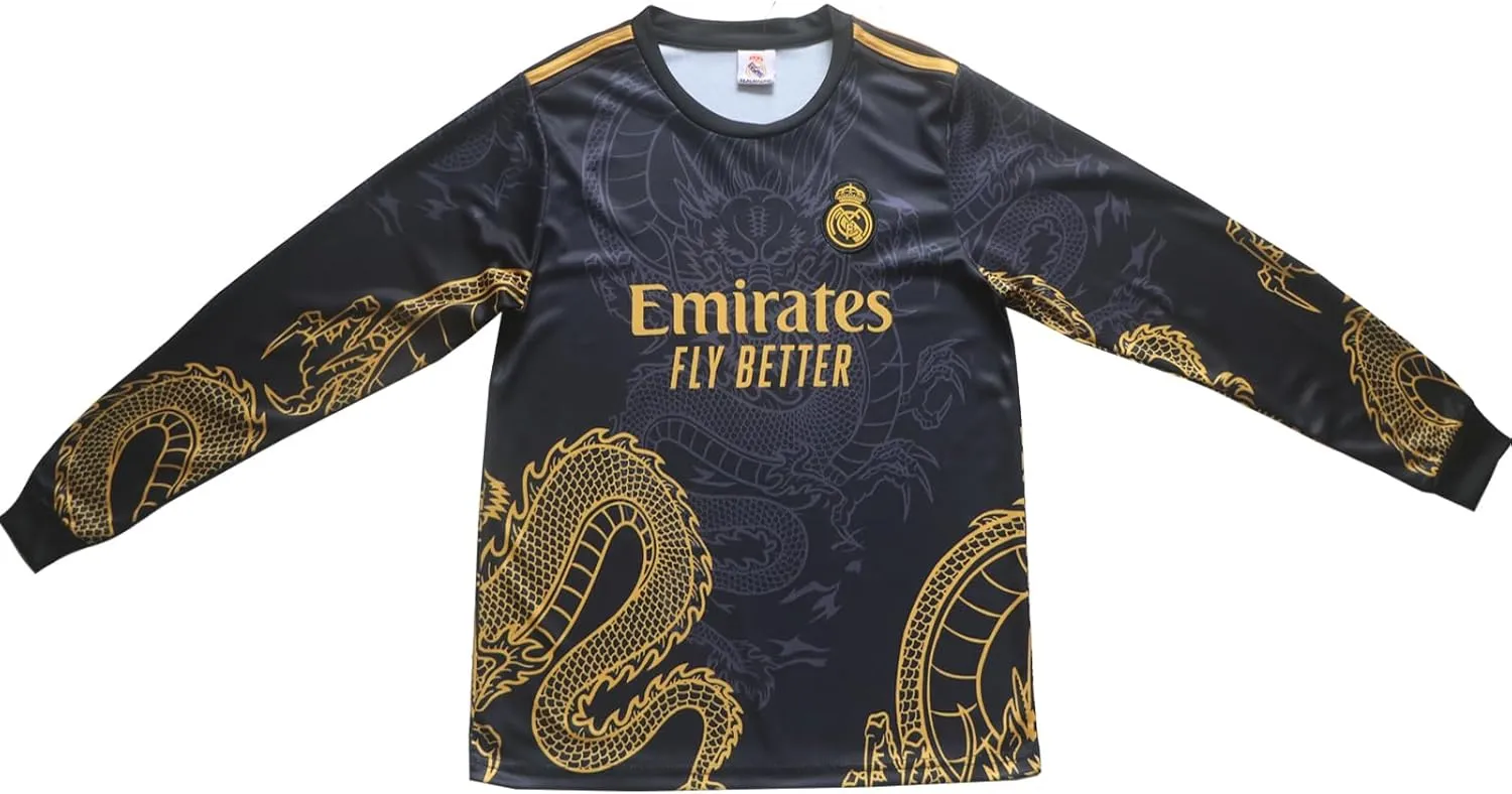 Madrid #7 Special Gold Black Dragon Edition Long Sleeve Football Soccer Kids Jersey Shorts Set Youth Sizes
