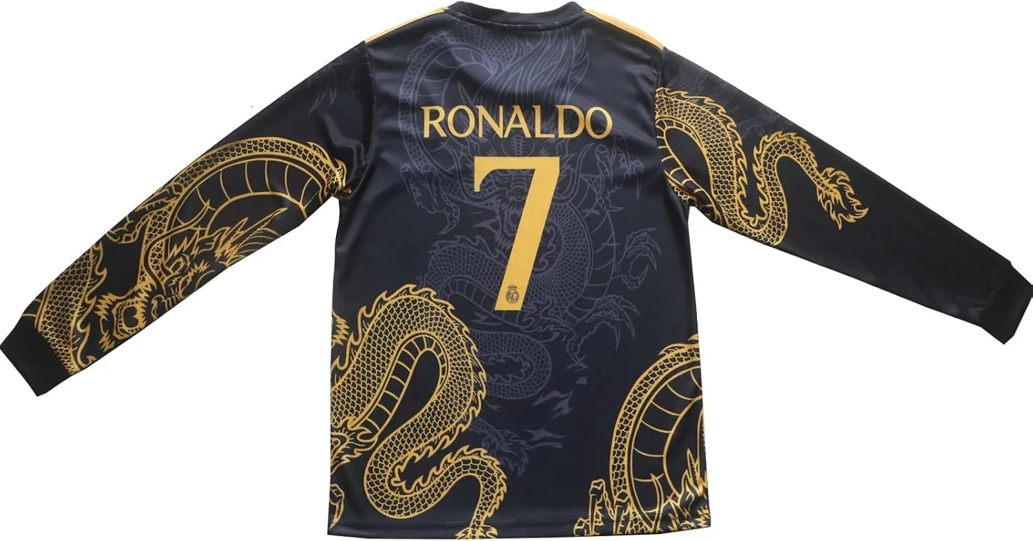 Madrid #7 Special Gold Black Dragon Edition Long Sleeve Football Soccer Kids Jersey Shorts Set Youth Sizes