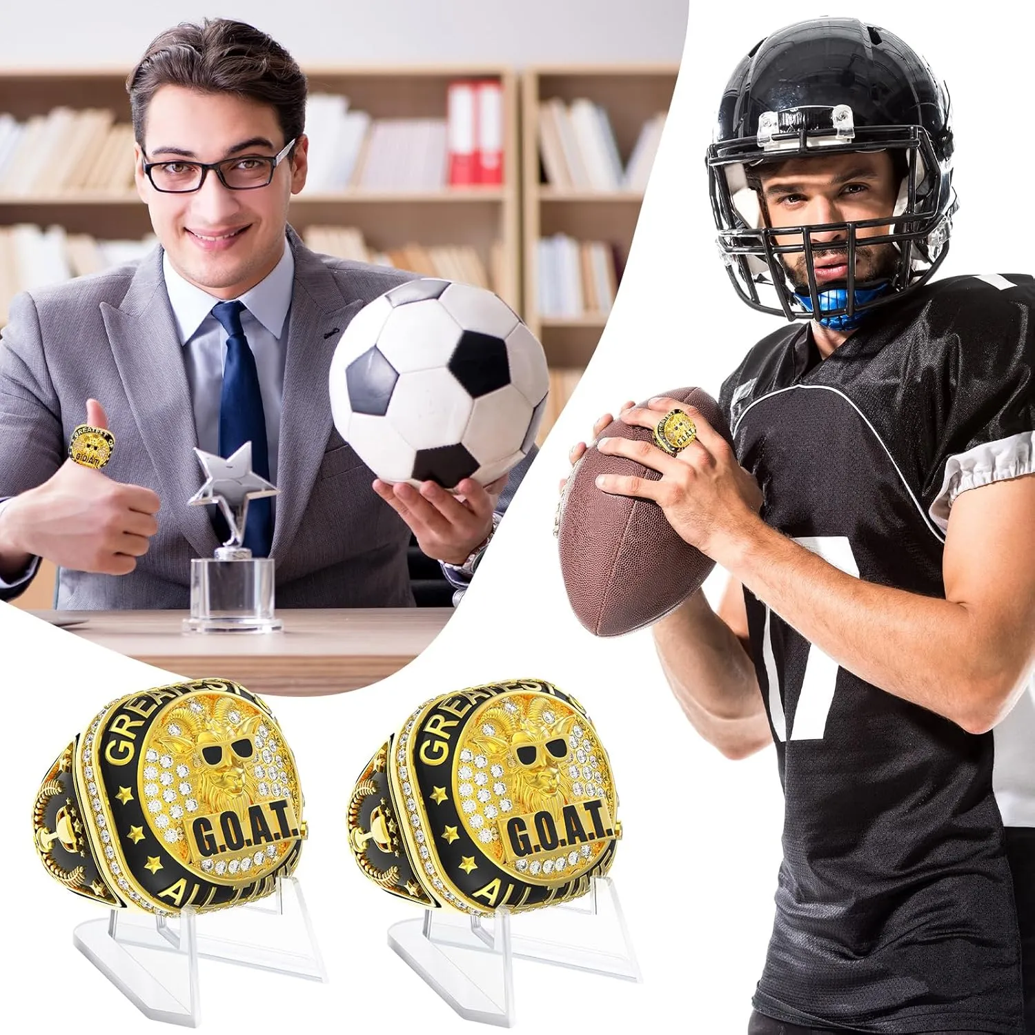 Misdary Soccer Baseball Basketball Championship Rings with Holder Most Valuable Player Trophy Gold Ring Award Gift Team Prize for Football Tournament Winner