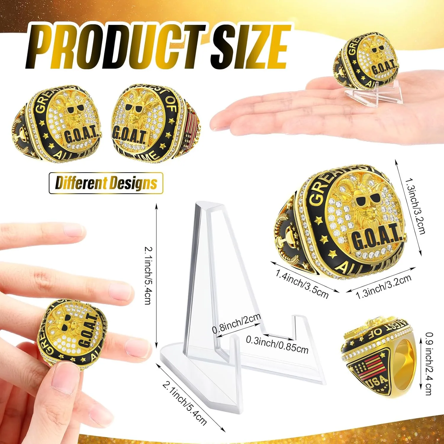 Misdary Soccer Baseball Basketball Championship Rings with Holder Most Valuable Player Trophy Gold Ring Award Gift Team Prize for Football Tournament Winner