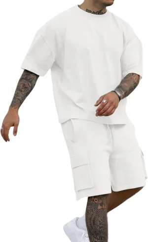 Opomelo Mens Short Sets 2 Piece Outfits - Casual Summer Short Sleeve Sweatsuits Sets for Men with Cargo Pocket
