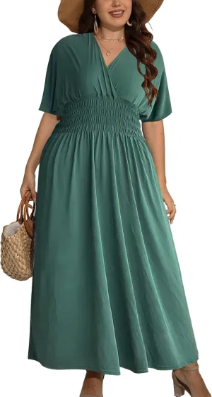 OSTOO Women's Plus Size Hawaii Empire Waist Bat Short Sleeve Casual Floral Print Boho Maxi Dress
