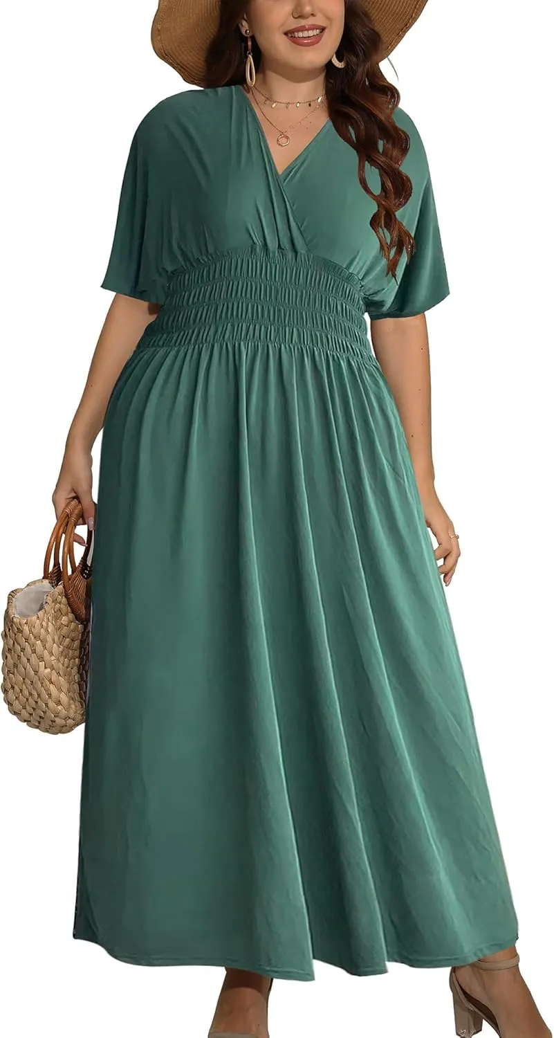 OSTOO Women's Plus Size Hawaii Empire Waist Bat Short Sleeve Casual Floral Print Boho Maxi Dress