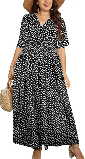 OSTOO Women's Plus Size Hawaii Empire Waist Bat Short Sleeve Casual Floral Print Boho Maxi Dress
