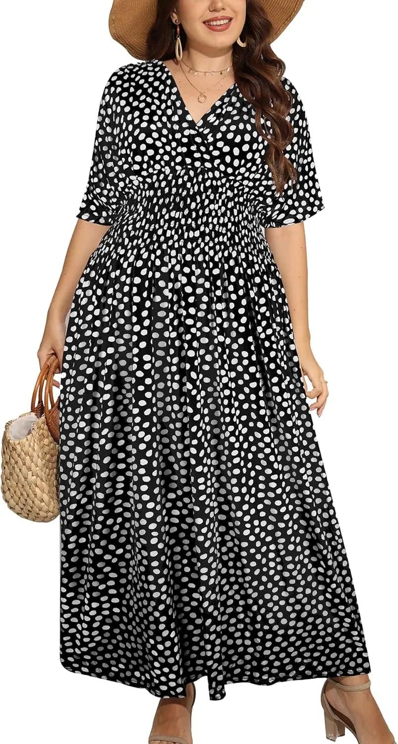 OSTOO Women's Plus Size Hawaii Empire Waist Bat Short Sleeve Casual Floral Print Boho Maxi Dress