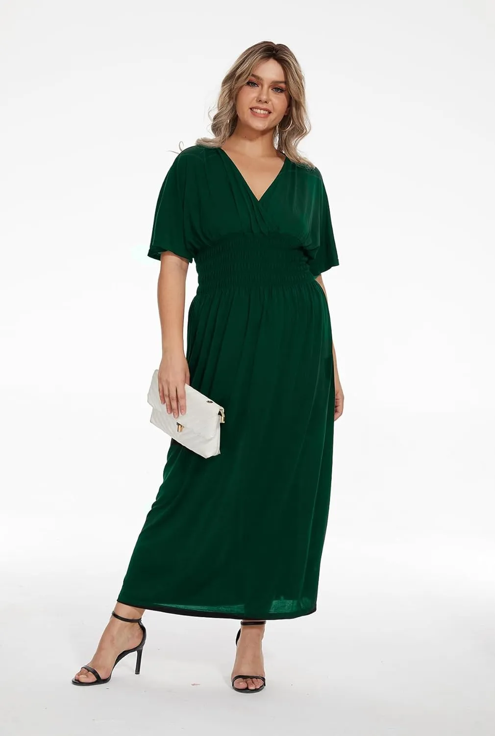 OSTOO Women's Plus Size Hawaii Empire Waist Bat Short Sleeve Casual Floral Print Boho Maxi Dress
