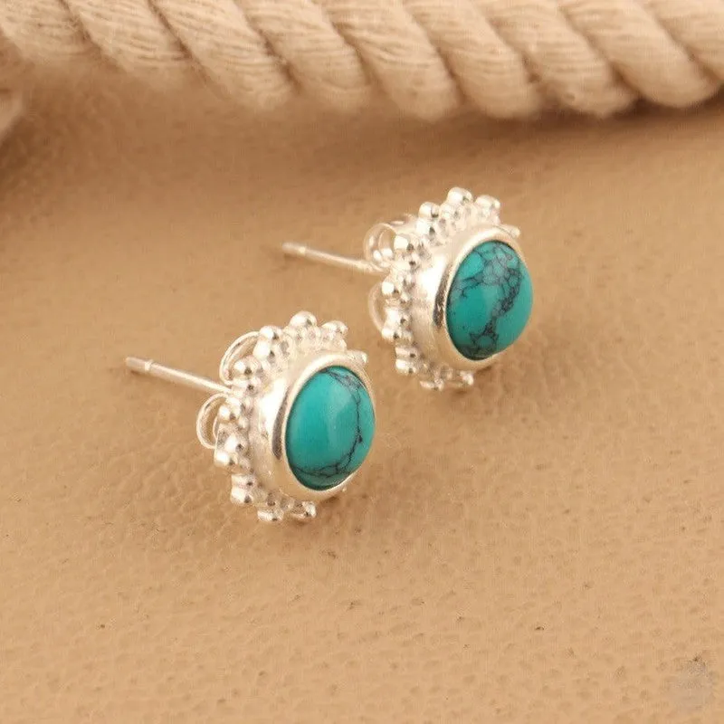 Round Turquoise and Moonstone Stud Earrings - Sterling Silver