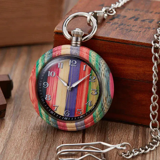 Unisex Retro Colorful Wooden Open Face Quartz Analog Pocket Watch