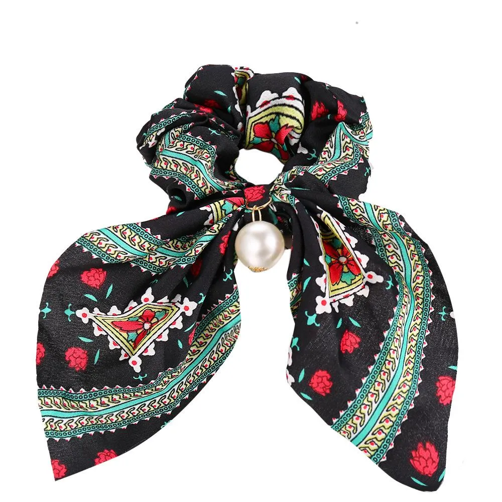 Wholesale colorful fabric pearl pendant women's hair with knotted bow hair rope  JDC-HS-F310