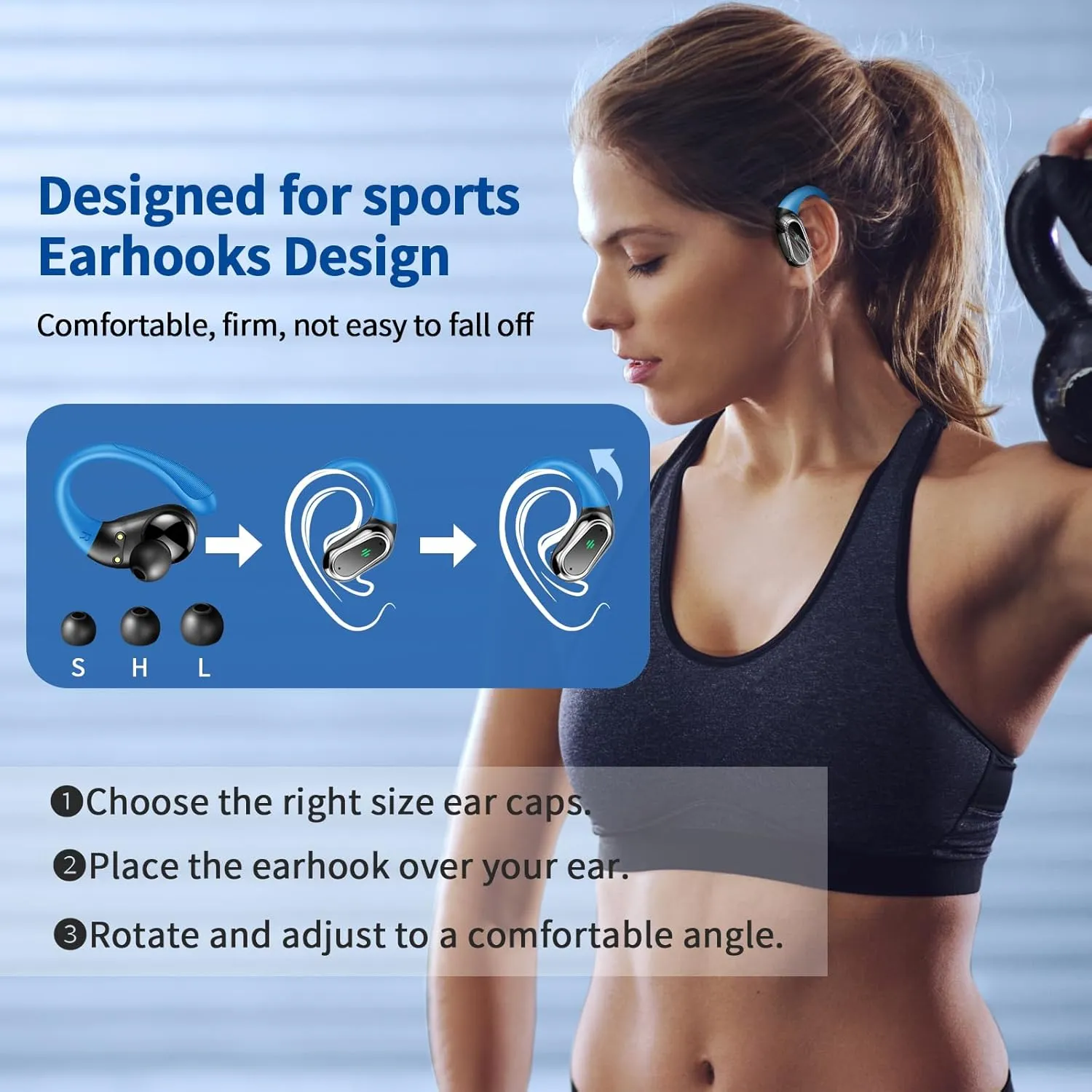 Wireless Earbuds, Bluetooth 5.4 Headphones Sport, Bluetooth Earbuds with ENC Noise Canceling Mic, 50H Stereo Wireless Headphones IP7 Waterproof with Earhooks, Dual LED Display for Running, Light Blue