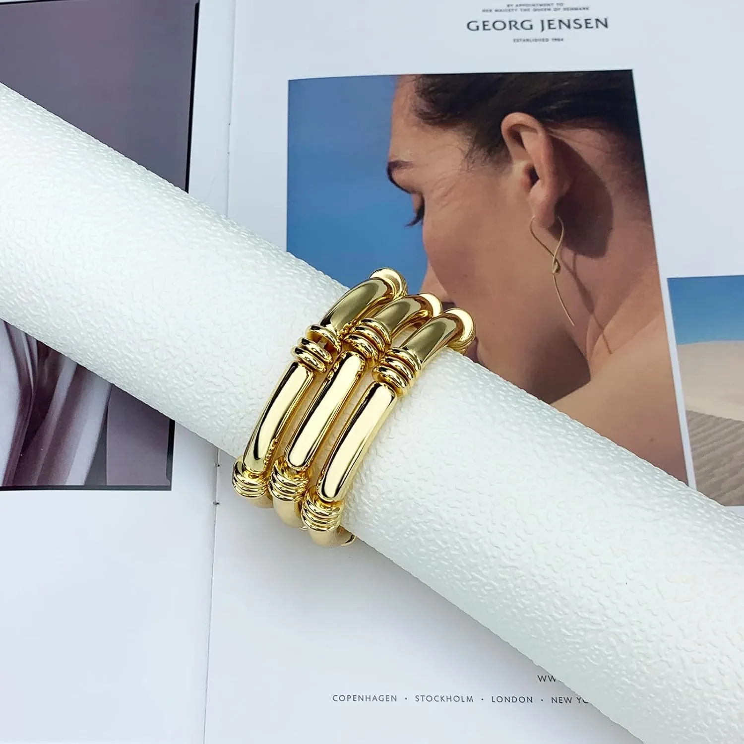 YBMYCM 5PCS Gold Chunky Bangles Bracelets for Women Gold Plated Stackable Layered Curved Bamboo Tube Stretch Bracelets Bangle Gift Jewelry